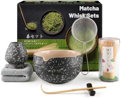 7 Pcs Matcha Set with Bamboo Whisk, Spout Bowl & Holder, Speckled Black by Unknown