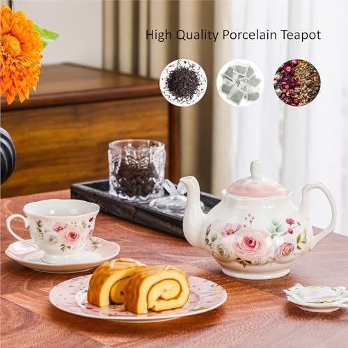 Rose Floral Complete Tea Set: 27oz Porcelain Teapot & 12-Piece 6oz Cup Set, Includes Teapot, 6 Cups & 6 Saucers, Dishwasher Safe, Elegant Gift Set - Image 6