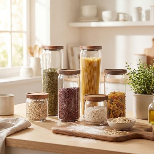 SiliFine Glass Pantry Storage Jar with Lid, 6 Set, Wood Lid - Image 3