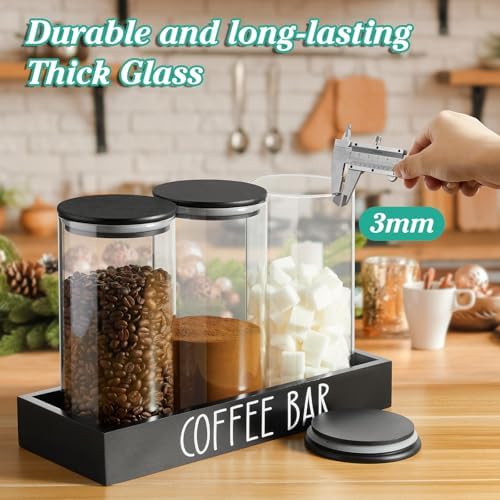 Glass Coffee Canister for Ground Coffee - 3Pcs 45oz Coffee and Sugar Container Set with Airtight Bamboo Lids and Black Tray - Farmhouse Coffee Bean Storage Jars for Coffee Bar Decor and Accessories - Image 7