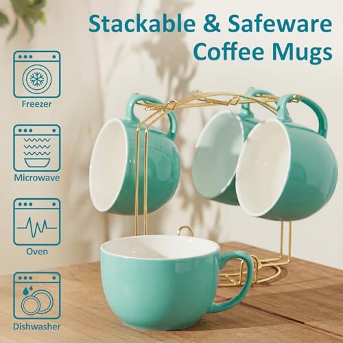 Teocera 16oz Large Coffee Mugs Set of 4 - Thick Mint Green Porcelain Cups for Cappuccino, Latte, Tea & Hot Chocolate - Dishwasher Safe Ceramic with Comfort Grip Handles - Image 6