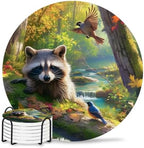 Forest Raccoon Drink Coasters Set of 6 with Holder,Absorbent Round Ceramic Coasters for Desk,Animal Bird Mountains Tree Natural Landscape Cup Mats for Home Kitchen Office Party Coffee Table Decoration by Unknown