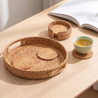 6 Pcs Rattan Coasters with Holder, Rattan Round Serving Tray Set - Image 6
