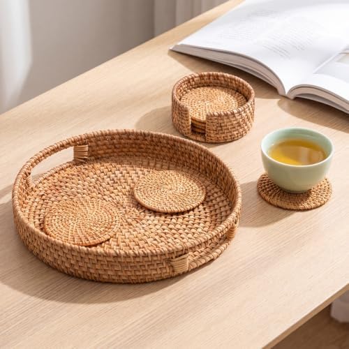 6 Pcs Rattan Coasters with Holder, Rattan Round Serving Tray Set - Image 6