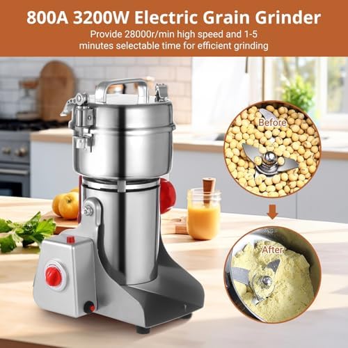 Grain Mill Grinder 800g, Electric Stainless Steel High-Speed Spice Herb Grinder, 3200W Swing Type Cereals Corn Flour Pulverizer Powder Machine for Dry Spice Herbs Grains Coffee Rice Pepper - Image 2