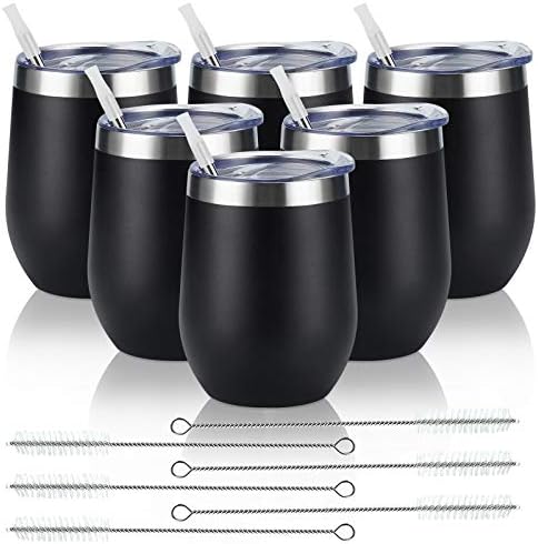 6 Pack Stainless Steel Wine Tumblers, 12Oz Insulated Wine Tumbler, Double Wall Insulated Wine Glass, Stainless Steel Stemless Wine Cups with Lids for Coffee, Wine, Cocktails, Champaign, Black… by Lifecapido