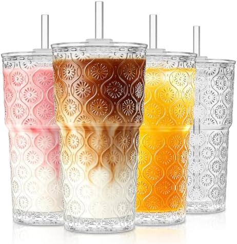 KEMORELA 20oz Begonia Flower Iced Coffee Cups with Lids, Reusable Glass Cup by Kemorela