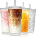 KEMORELA 20oz Begonia Flower Iced Coffee Cups with Lids, Reusable Glass Cup by Kemorela