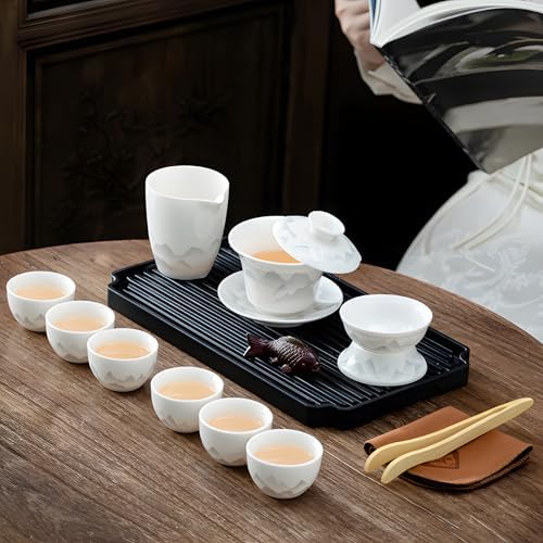 ICHAG 14-Piece Chinese Gongfu Tea Set, Yangzhi Jade Porcelain Gaiwan Tea Set with Anti-Mold Resin Tray & Color-Changing Tea Pet, Portable Travel Kit for Home, Office, Camping, Gift for Tea Lovers - Image 2