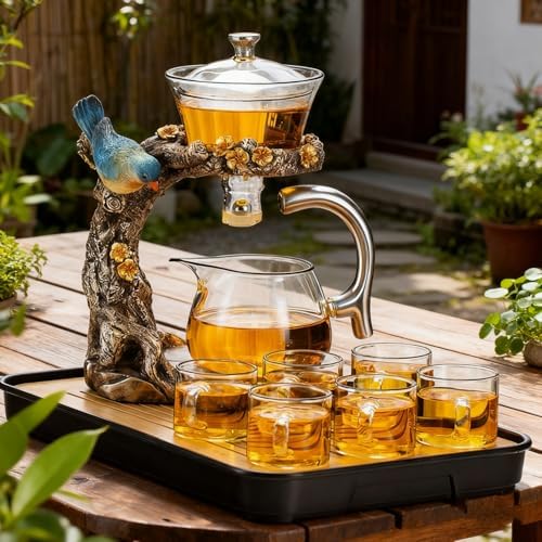 Lazy Kungfu Glass Tea Set Heat Resistant Semi Automatic Drip Rotating with Infuser Magnetic Teapot Set for Gongfu Tea Making Ideal (Blue Bird) - Image 7