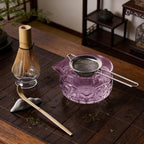 7 Pcs Pink Glass Matcha Tea Set, Japanese Style Bowl and Whisk Kit with Ergonomic Spout, Wood Whisk, Elegant Stand, Ceramic Holder, Sifter and Scoop for Green Tea Rituals - Image 6