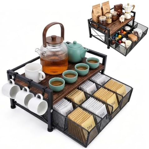 Tea Bag Coffee Bar Organizer,Teabag Holder & Coffee Station with Storage Drawer,Wood Tea Station Chest Display Container Box for Countertop Kitchen (Rustic Brown) by HOYWOUL