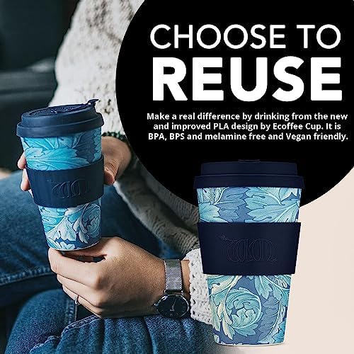 Ecoffee Cup 14oz (400ml) William Morris Reusable Coffee Cup – PLA Plant-Based Travel Mug with Silicone Lid, Melamine Free & Dishwasher Safe – Acanthus - Image 3