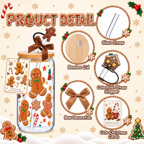 Vesici 6 Pcs Christmas Glasses with Lid Straw and Stopper, Gingerbread Man - Image 4