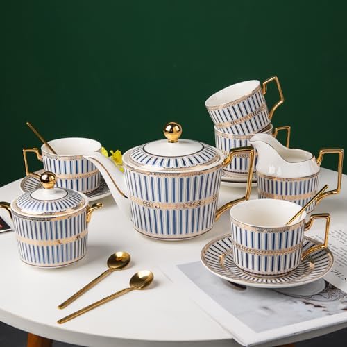 CwlwGO-15 Piece Bone China Tea Cups Sets,British Cups and Saucers Service for 4,Tea/Coffee Cup Set with Teapot Sugar Bowl Cream Pitcher Spoon,Gifts Box. by HappleCwlwgoHome
