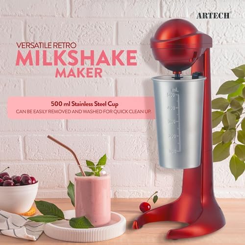 Retro Milkshake Maker - 100W Electric Milk Frother, 500ml Stainless Steel Cup, 2 Speed Settings for Smoothies, Protein Shakes, Cocktails & More (Red) - Image 6