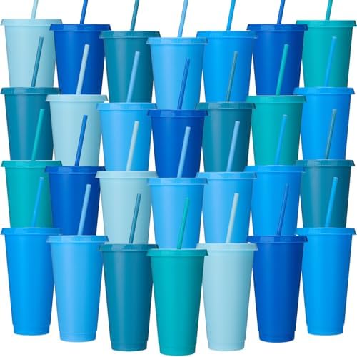 Honeydak 30 Pack Plastic Cups with Lids Straws,Gradient Blue Color by Honeydak