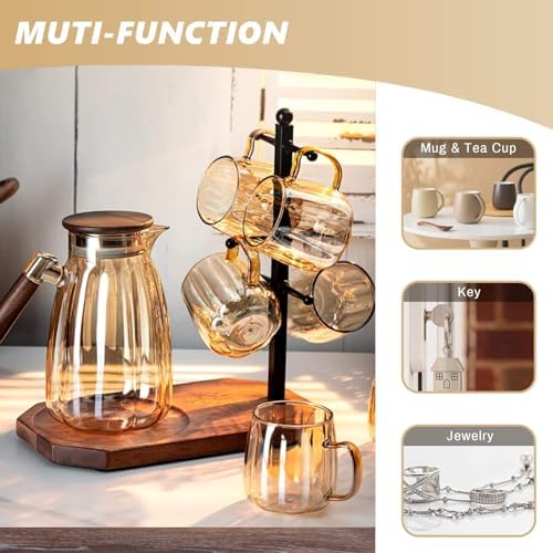 Mug Tree for Large Mugs With 6 Hooks and Coffee Pot Tray - Multi-Function Stand for Counter, Bar Accessory & Kitchen Organizer - Image 4