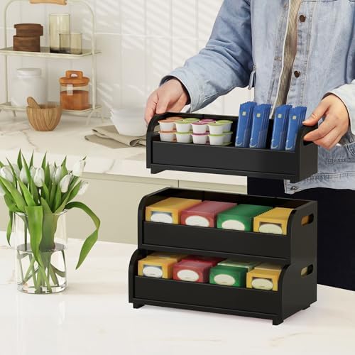 3-Tier Bamboo Tea Bag Organizer, Stackable Tea Holder for Countertop, Black - Image 4