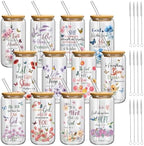 Teenyyou 12 Set of Christian Gifts for Women Bible Verse Glasses Tumbler with Bamboo Lid and Glass Straw 16oz Inspirational Religious Coffee Cup for Back to School Teacher Appreciation Gifts by Teenyyou