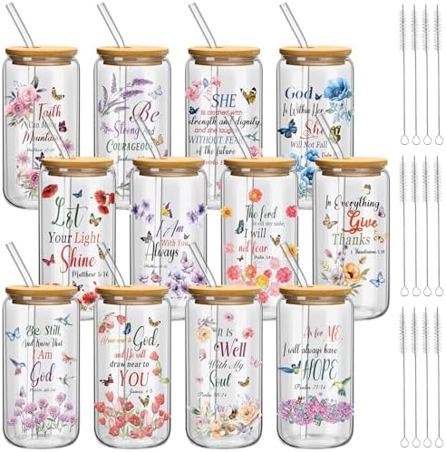 Teenyyou 12 Set of Christian Gifts for Women Bible Verse Glasses Tumbler with Bamboo Lid and Glass Straw 16oz Inspirational Religious Coffee Cup for Back to School Teacher Appreciation Gifts by Teenyyou