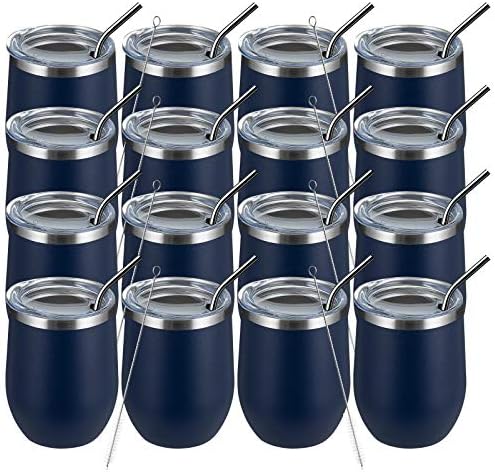 MEWAY 12oz Wine Tumbler 16 Pack Bulk Gifts for Women,Double Wall Vacuum Stainless Steel Travel Mug with Lid,Insulated Stemless Wine Cup Glass for Coffee,Cocktails,Drinks(Navy,Set of 16) by MEWAY