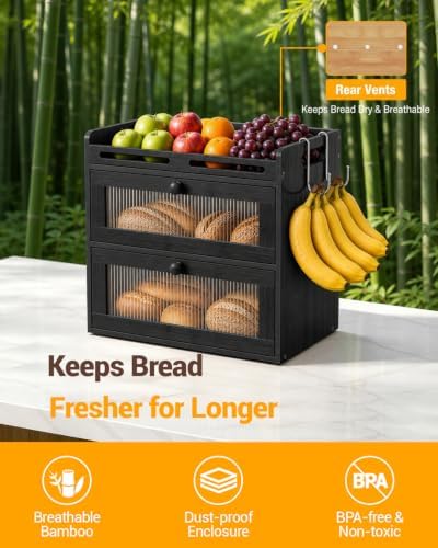 Bread Box for Kitchen Countertop, 2-Tier Bamboo Storage with Raised Shelf - Image 5