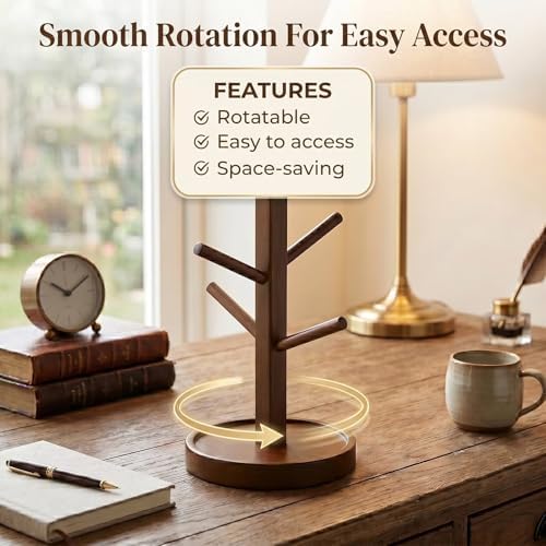 Water Based Lacquer Bamboo Mug Tree, Countertop Cup Organizer, 4 Branch Drip Proof Stand for Mugs, Wine Glasses & Coffee Cups, 11in - Image 4