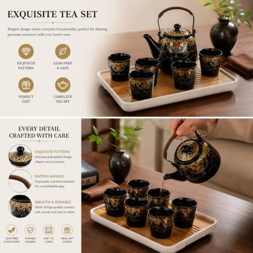 Japanese Tea Set, Black Porcelain Tea Set with 1 Teapot Set, 6 Tea Cups, 1 Tea Tray, 1 Stainless Infuser, Beautiful Asian Tea Sets for Adults, Tea Lover/Women/Men (Black BeadChain Pattern) - Image 5
