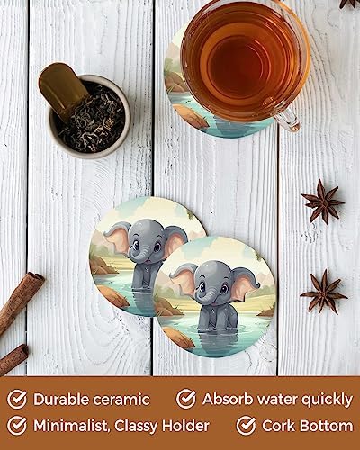 Coaster for Drinks 6 Pack,Cartoon Elephant in River Absorbent Round Ceramic Stone with Cork Base,Natural Animal Plant Scenic Theme Drink Coaster Cup Mats for Home Dining Coffee Tables - Image 5