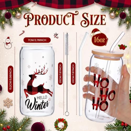 Vesici 6 Set Christmas Glasses Cups 16 oz Xmas Drink Cup with Lid Straw and Stopper Can Shaped Beer Tumbler Christmas Appreciation Gifts with Cards and Bow for Women Birthday Party Favor(Red Plaid) - Image 3
