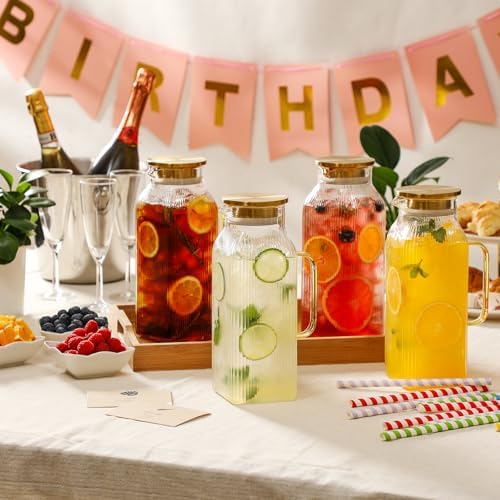 4 Pack 2 Liter/68 oz Square Glass Pitcher with Lid, Classic Stripes Water Pitchers with Handle for Fridge, Large Jug for Iced Tea, Coffee, Borosilicate Glass Carafe for Hot/Cold Brew Drink, Gold - Image 4