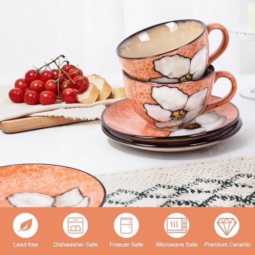 8 Oz Floral Porcelain Cappuccino Cups with Saucers Set of 4, Stoneware Tea Coffee Mugs for Home Kitchen & Office, Dishwasher Microwave Oven Safe, for Espresso, Latte, Americano, Milk & Tea, Pink - Image 4