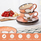 8 Oz Floral Porcelain Cappuccino Cups with Saucers Set of 4, Stoneware Tea Coffee Mugs for Home Kitchen & Office, Dishwasher Microwave Oven Safe, for Espresso, Latte, Americano, Milk & Tea, Pink - Image 4