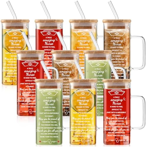 10 Pack Nurse Appreciation Gifts for Women 13.5 oz Clear Glass Cup Bulk Coffee Drinking Cup with Bamboo Lid and Straw for Nurse Assistant Practitioner Nursing Rn Employee Gifts by Yetene