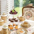Luxury White & Gold Embossed Tea Cups and Saucers with Teapot, Sugar Bowl, & &Creamer, Vintage European Porcelain Coffee Set for Tea Party, Wedding, Gift (Gold, 17pcs/set) by Unknown