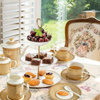 Luxury White & Gold Embossed Tea Cups and Saucers with Teapot, Sugar Bowl, & &Creamer, Vintage European Porcelain Coffee Set for Tea Party, Wedding, Gift (Gold, 17pcs/set) by Unknown