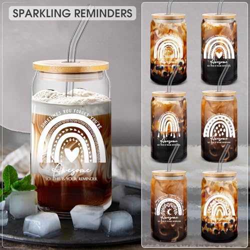 Uiifan 6 Pcs Rainbow 16oz Glass Cups Bamboo Lids Straws Appreciation Gift - Image 3