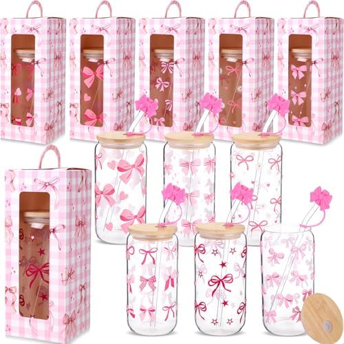 Zhehao 6 Set Cute Coquette Pink Bow Glass Cup Gift Set by Zhehao