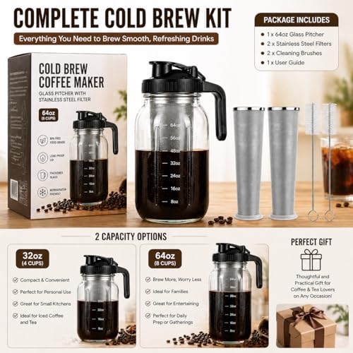 Cold Brew Coffee Maker Glass 64 Oz Mason Jar Pitcher With Stainless Steel Filter,Heavy Duty Glass Mason Pitcher With Spout Lid for Iced Coffee,Tea And Lemonade (Gray Handle Cover,64 oz) - Image 7