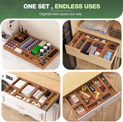 9-Pack Solid Wood Junk Drawer Organizer, Modular Desk Drawer Tray & Accessories with Non-Slip Pad, Multi-Use for Kitchen, Office, Bedroom Dresser, Utensil, Makeup, Stationery, Tea Bags & Coffee Pod - Image 6