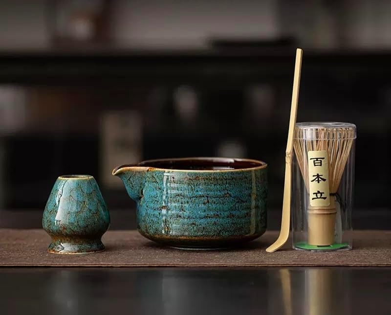 Traditional Japanese Matcha Tea Set, Handcrafted Ceramic Bowl with Bamboo Whisk, Scoop and Stand, Complete 4-Piece Ceremonial Kit for Tea Preparation by Unknown