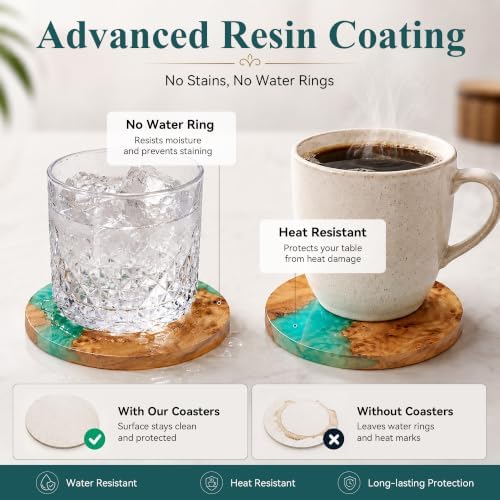 Resin Wood Coaster Set of 8 - Handmade Epoxy Coasters with Holder, Mountain Sea Design for Coffee Table Protection & Home Decor - Image 5