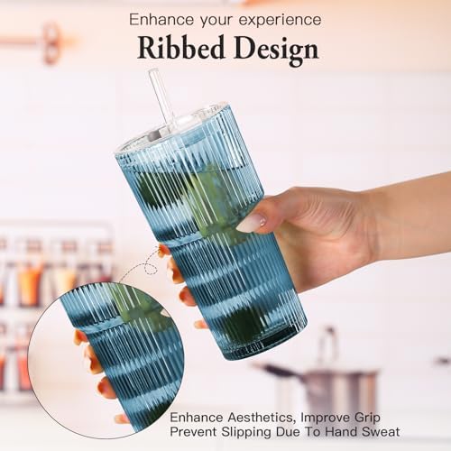 4PCS Colored Ribbed Glass Cups with Lids and Straws, 20oz Vintage Drinking Glasses, Aesthetic Iced Coffee Cups, Glass Tumbler for Boba, Beer, Tea, Cocktails, Ribbed Glassware Set,Colored - Image 4