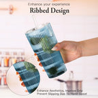 4PCS Colored Ribbed Glass Cups with Lids and Straws, 20oz Vintage Drinking Glasses, Aesthetic Iced Coffee Cups, Glass Tumbler for Boba, Beer, Tea, Cocktails, Ribbed Glassware Set,Colored - Image 4