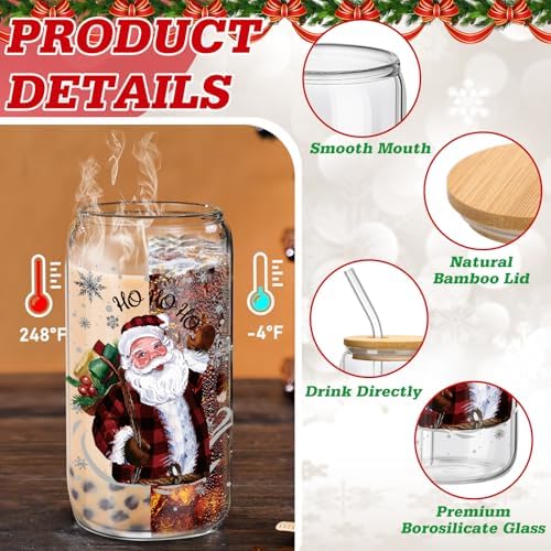6 Set Christmas Glasses Cups with Bamboo Lid and Glass Straw 16 oz Christmas Drinking Cup Red Black Santa Gingerbread Beer Iced Coffee Cup Xmas Tumbler Mugs for Women Men Holiday Party Gifts - Image 3