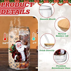 6 Set Christmas Glasses Cups with Bamboo Lid and Glass Straw 16 oz Christmas Drinking Cup Red Black Santa Gingerbread Beer Iced Coffee Cup Xmas Tumbler Mugs for Women Men Holiday Party Gifts - Image 3