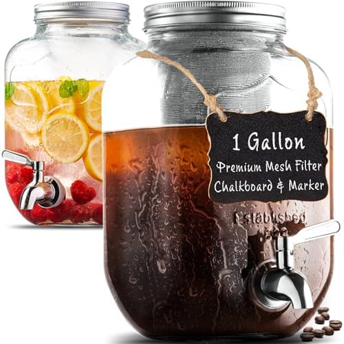 1 Gallon Cold Brew Coffee Maker - 3rd Generation Fine Mesh Filter - Stainless Steel Spigot - Extra Thick Large Glass Mason Jar Drink Dispenser Carafe, Iced Coffee Maker & Sun Tea Pitcher with Infuser. by LERAZE