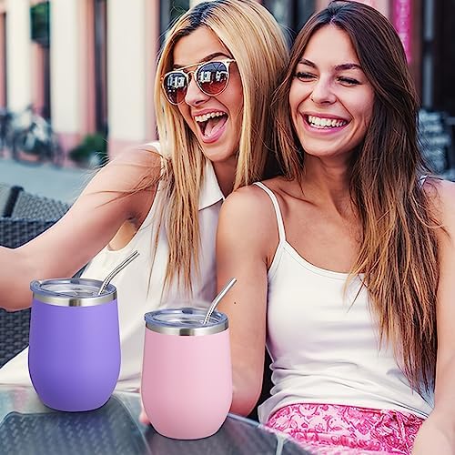 COMOOO Stainless Steel Wine Tumbler Bulk with Lid and Straw 12oz Double Wall Vacuum Insulated Travel Tumbler Cup Stemless for Hot and Cold Drinks, Coffee, Wine, Cocktails (Light Purple, 8 Pack) - Image 6