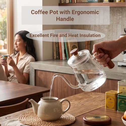 Pour Over Kettle, 350ml Glass Gooseneck Kettle, High Borosilicate Coffee and Tea Pot with Stable Effluent, Round Wood Handle, Fully Extract Coffee Tool - Image 5
